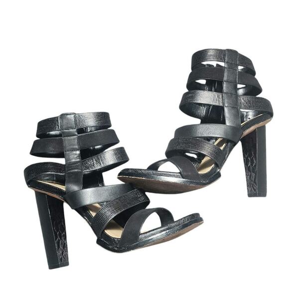 BCBGMAXAZRIA Sz 7M Black Leather "Luke" Cage High Triangle Textured Heels EUC - Picture 1 of 9
